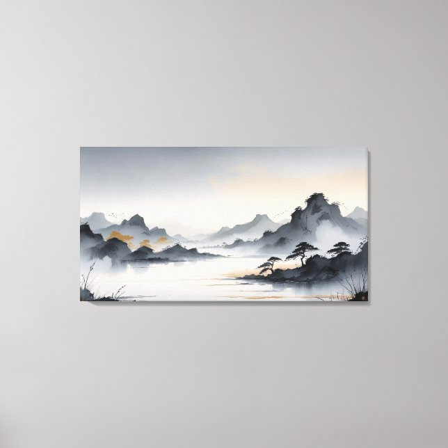 Misty Mountains - ruhige ostasiatische Landschaft Leinwanddruck (Vorderseite)