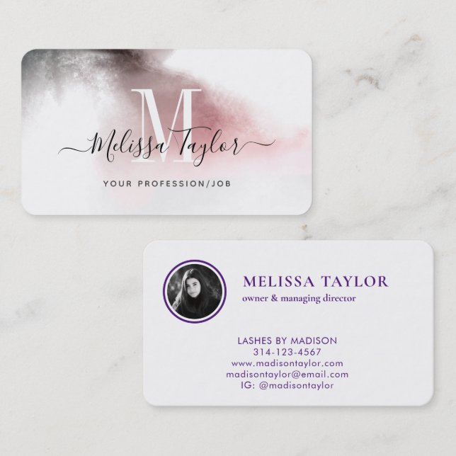 Misty Ombre Pink und Lila Monogramm Foto Visitenkarte (Vorne/Hinten)