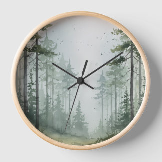 Misty Pine Forest Wall Clock - Green & Grey Design Uhr