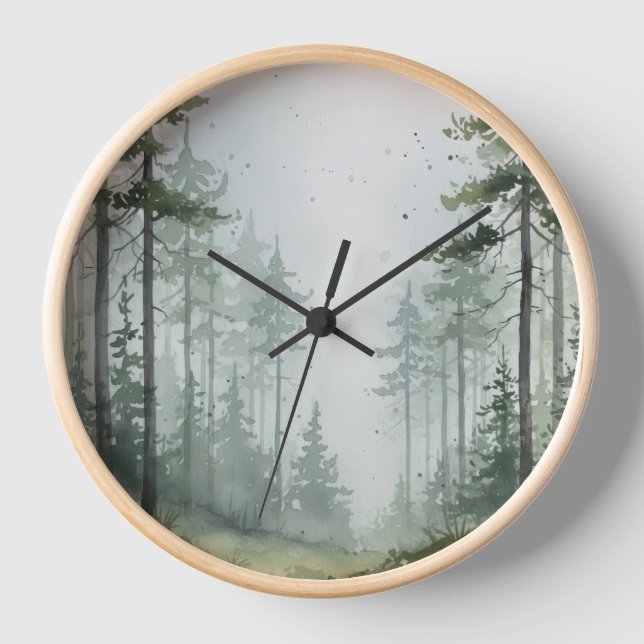 Misty Pine Forest Wall Clock - Green & Grey Design Uhr (Vorderseite)