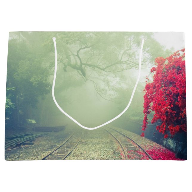 Misty Railroad Tracks Landschaftliches Foto Große Geschenktüte (Vorderseite)