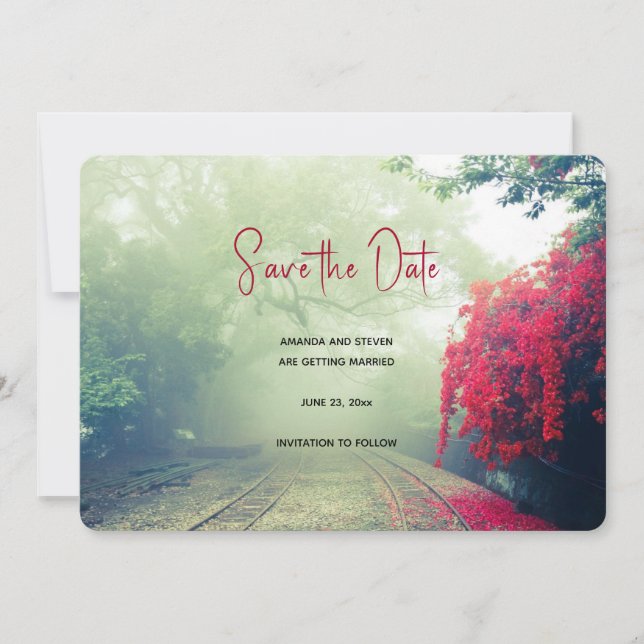 Misty Railroad Tracks Landschaftliches Foto Hochze Save The Date (Vorderseite)