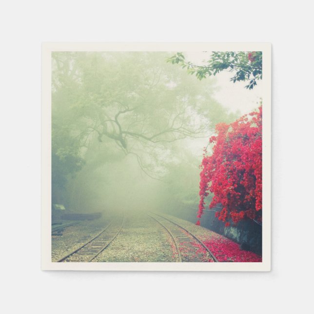 Misty Railroad Tracks Landschaftliches Foto Hochze Serviette (Vorderseite)
