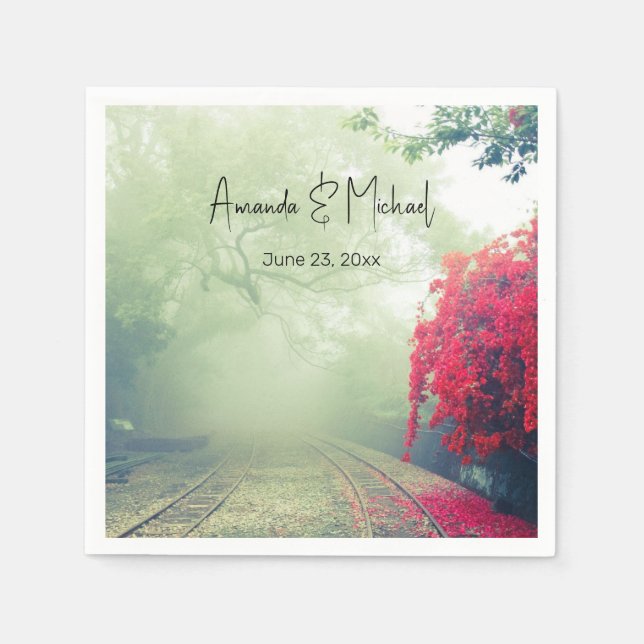 Misty Railroad Tracks Landschaftliches Foto Hochze Serviette (Vorderseite)