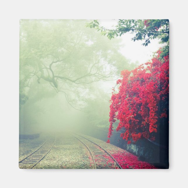 Misty Railroad Tracks Landschaftliches Foto Magnet (Vorne)