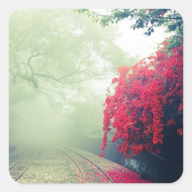 Misty Railroad Tracks Landschaftliches Foto Quadratischer Aufkleber (Vorderseite)