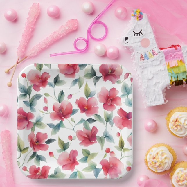 Misty Red Floral Pattern Pappteller (Party)