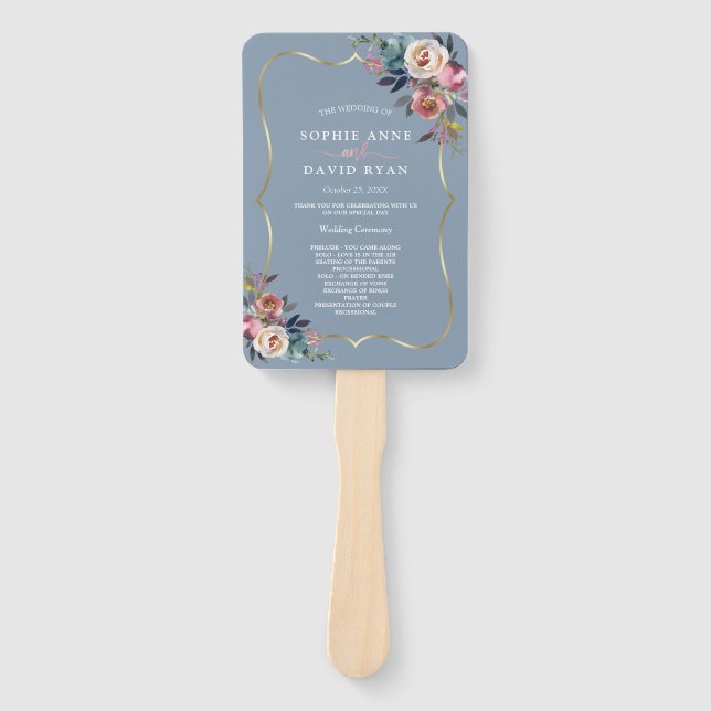 Misty Rose Dusty Blue Floral Gold Wedding Program Fächer (Vorderseite)