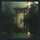 Misty Torii Gate Dawn Solitude Figure Fotodruck<br><div class="desc">A solitary traveler stands before a majestic red torii gate rising from a misty, lily-pad-filled pond at dawn. Thick fog envelops dense bamboo and ancient trees, while golden sunrise rays pierce through, casting luminous beams and soft reflections across the calm water. The iconic gate glows with quiet power, symbolizing transition,...</div>