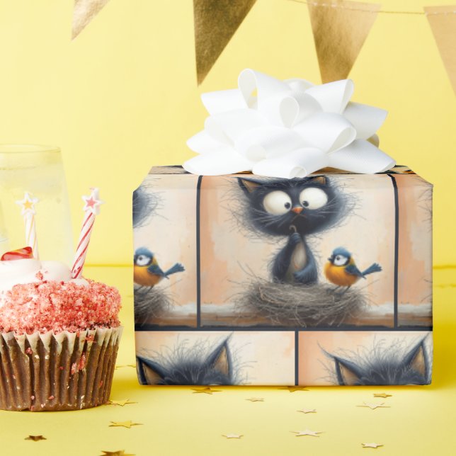 Mit Augen Katze mit einem Wurm für einen Vogel Geschenkpapier (Geburtstagsparty)