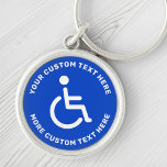 Mit Behinderung Symbol für Behinderte, blau, rund Schlüsselanhänger<br><div class="desc">Rund gehbehinderter Schlüsselanhänger mit mit Behinderung,  weißem und weißem,  kreisförmigem Zeichen.</div>