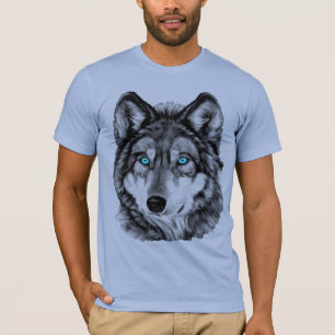 Mit blauen Augen Grayscale gemalter Wolf T-Shirt
