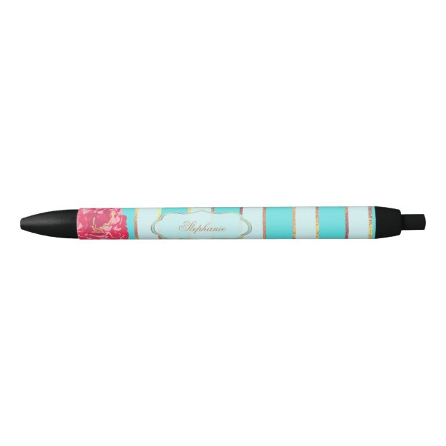 Mit Blumen mit Aqua und goldenen Streifen Kugelschreiber (Vorderseite)