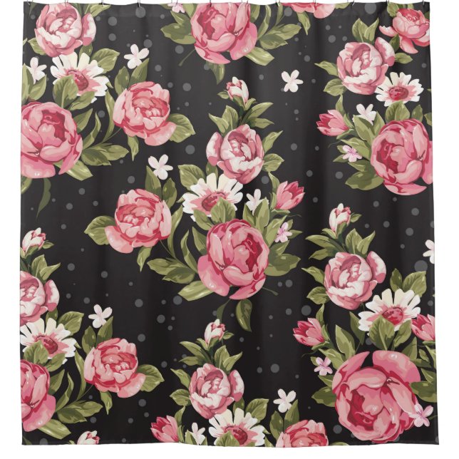 mit Blumen, Rosen, Rot, Schwarzes, Hintergrund, Duschvorhang (Vorderseite)