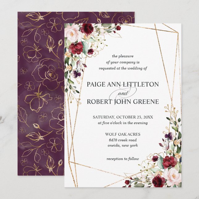 Mit Blumendunkelrote, Lila und erröten Hochzeit Einladung (Vorne/Hinten)
