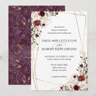 Mit Blumendunkelrote, Lila und erröten Hochzeit Einladung