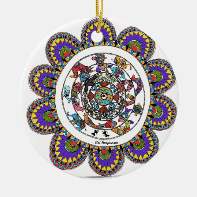 Mit Blumenmandal in Madhubani Art Keramik Ornament (Vorne)