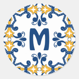 Mit dem ersten 💛 💙 blauen und gelben Azulejo Runder Aufkleber