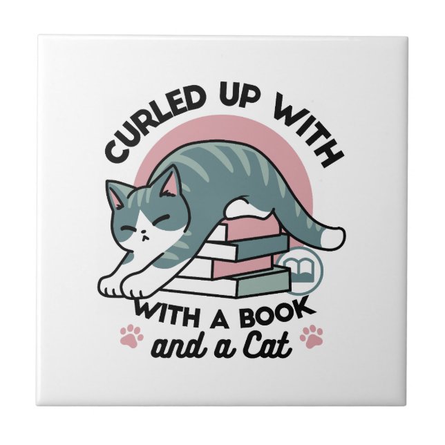 Mit einem Buch und einer Katze aufgerollt - Gemütl Fliese (Vorderseite)