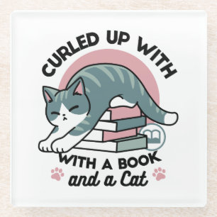 Mit einem Buch und einer Katze aufgerollt - Gemütl Glasuntersetzer