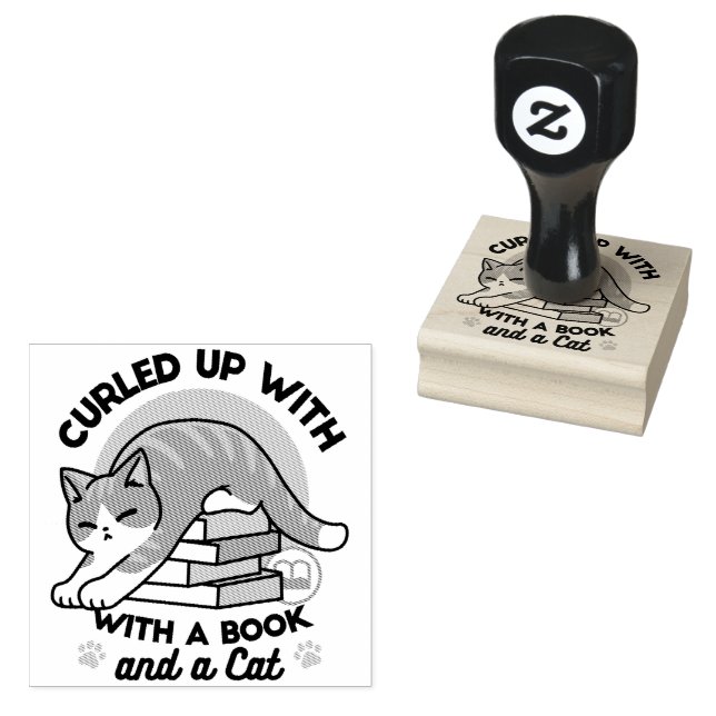 Mit einem Buch und einer Katze aufgerollt - Gemütl Gummistempel (Stempel)