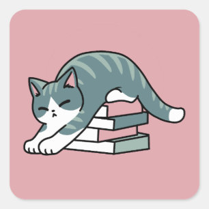 Mit einem Buch und einer Katze aufgerollt - Gemütl Quadratischer Aufkleber