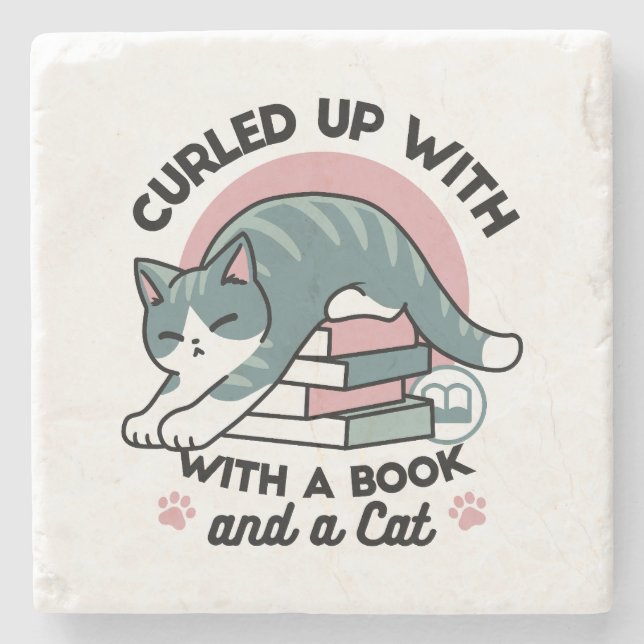 Mit einem Buch und einer Katze aufgerollt - Gemütl Steinuntersetzer (Vorderseite)