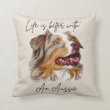 Mit einem roten Merle Aussie Kissen ist das Leben 