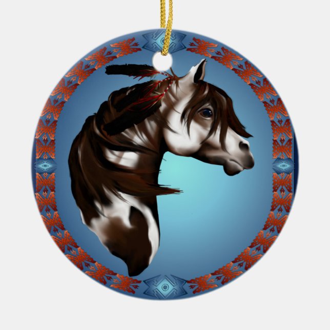 Mit Federn versehene Farbe Pferd-Verzierungen Keramik Ornament (Vorne)
