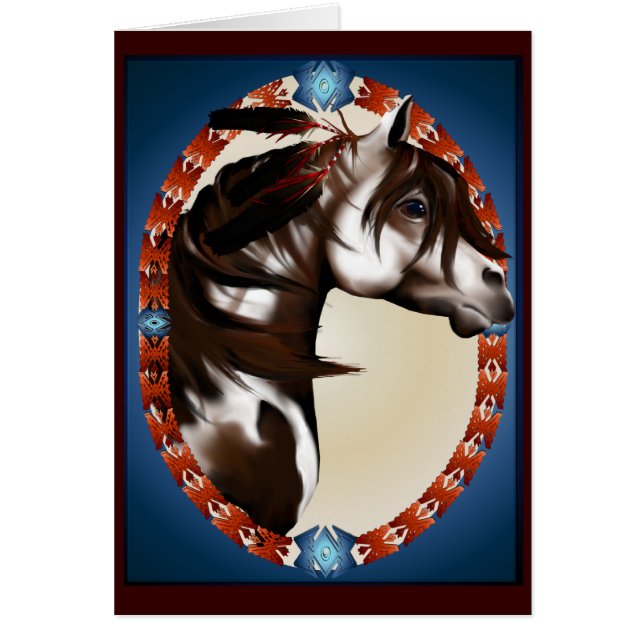 Mit Federn versehene Farben-Pferdekarte (Vorne)