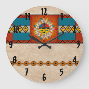 Mit Federn versehenes Katsina (Kachina) Sun Große Wanduhr