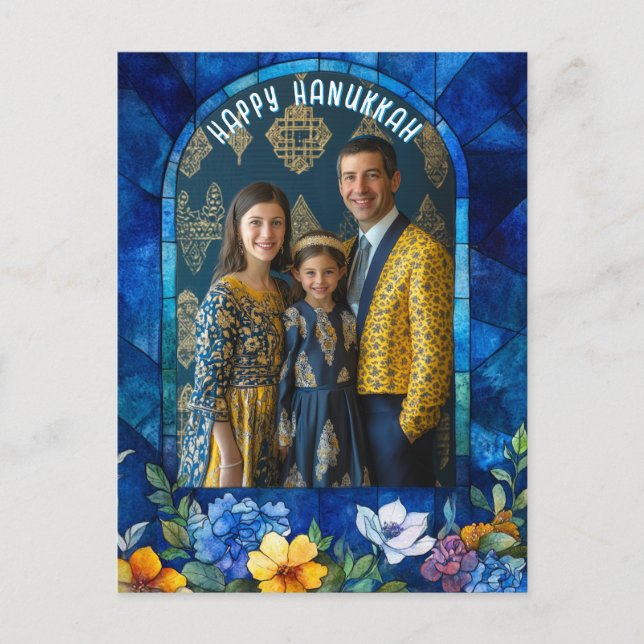 Mit Foto 🕎 Happy Hanukkah, Buntglas Postkarte (Vorderseite)