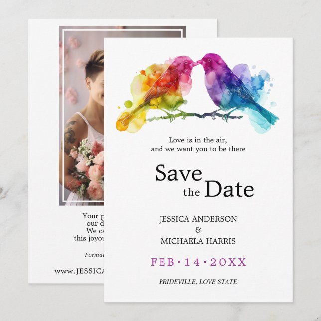 Mit Foto LGBTQ+ Rainbow Lovebirts Save The Date (Vorne/Hinten)
