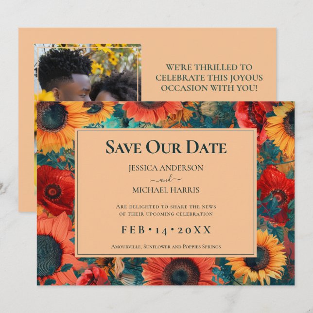 Mit Foto 🌻 Sonnenblumen und Mohnreverie Save The Date (Vorne/Hinten)