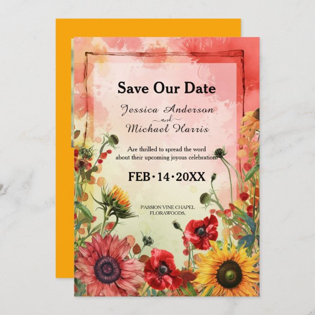 🌻 mit Foto Sunny Petals & Scarlet Blocks Save The Date (Vorne/Hinten)
