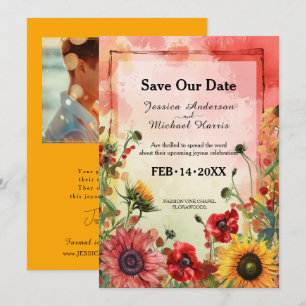 🌻 mit Foto Sunny Petals & Scarlet Blocks Save The Date