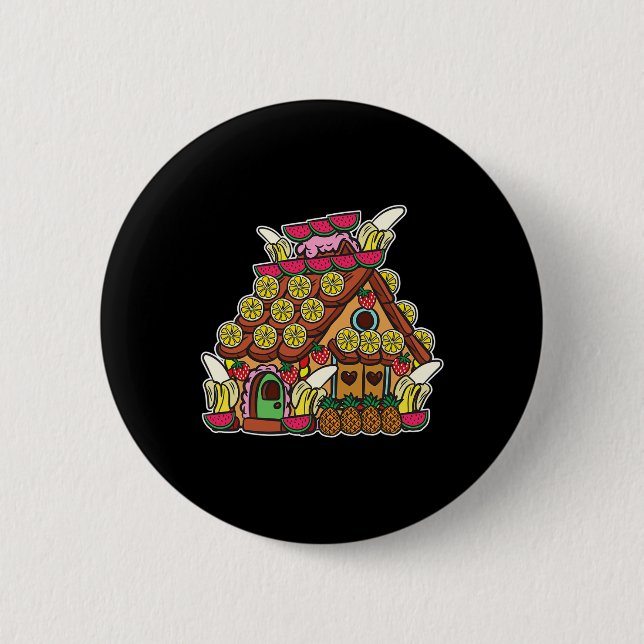 Mit Früchten dekoriertes Lebkuchenhäuschen Weihnac Button (Vorderseite)
