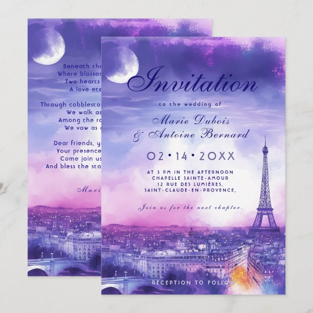 Mit Gedicht Amour Éternel à la Parisienne Einladung (Vorne/Hinten)