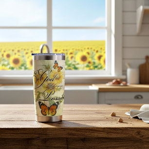 Mit Gott Sonnenblumen und Schmetterling personalis Thermobecher