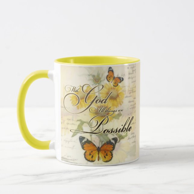 Mit Gott Sonnenblumen und Schmetterling Tasse (Links)