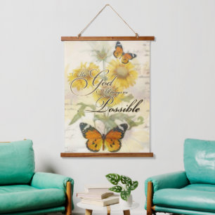 Mit Gott Sonnenblumen und Schmetterling Wandteppich Mit Holzrahmen