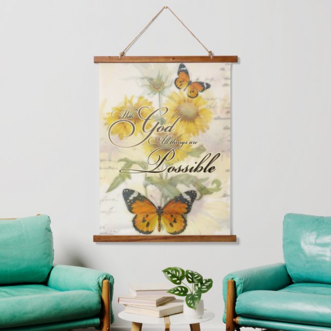 Mit Gott Sonnenblumen und Schmetterling Wandteppich Mit Holzrahmen (Wohnzimmer)