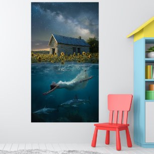 Mit Haien in der Prärie schwimmen Surrealistische Poster