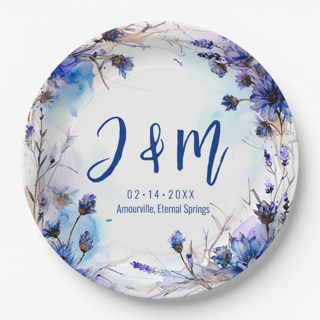 💍 Mit Initialen Cornblumen und Lavender Elegance Pappteller (Vorderseite)