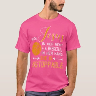 Mit Jesus in ihrem Herzen ein Basketball in ihren T-Shirt