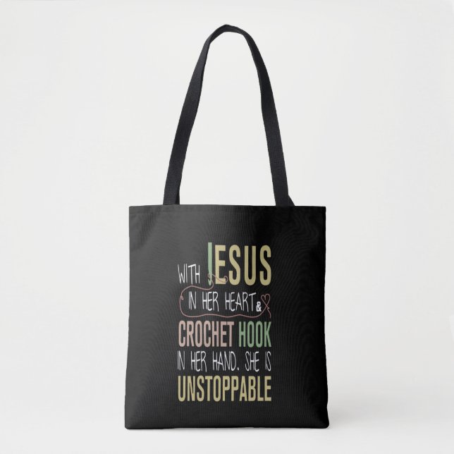 Mit Jesus in ihrem Herzen Kroketten in ihrer Hand Tasche (Vorderseite)