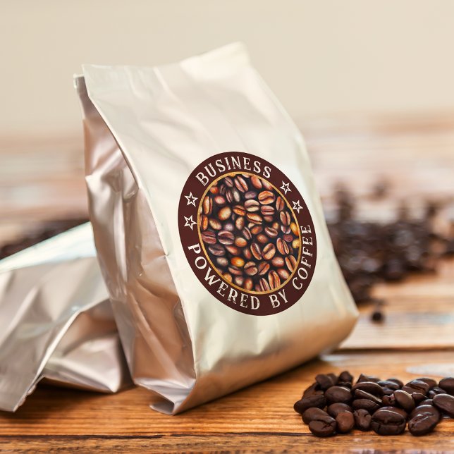 Mit Kaffee versorgt, geben Sie Ihren Firmennamen e Runder Aufkleber (Von Creator hochgeladen)