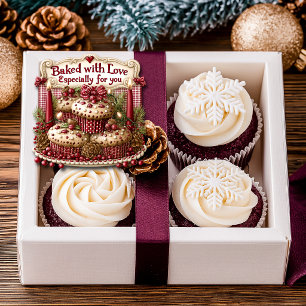 Mit Liebe gebackene Cupcakes Rote Kerzen Rote Bänd Quadratischer Aufkleber