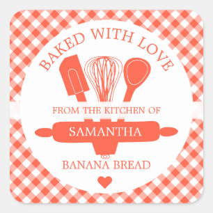 Mit Liebe gebackenes Bananenbrot Orange Gingham Quadratischer Aufkleber