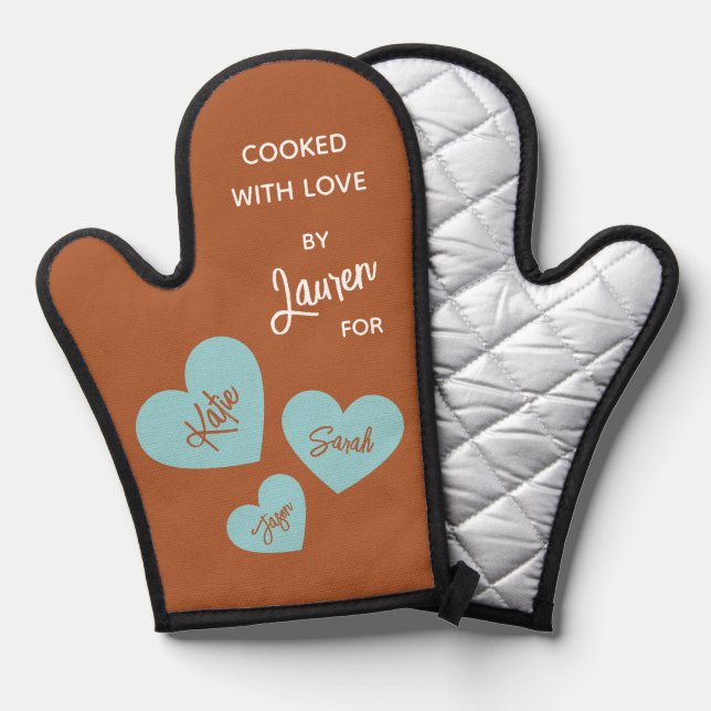 Mit Liebe gekocht Aquamarine Herzen Personalisiert Ofenhandschuh (Vorderseite/Rückseite)